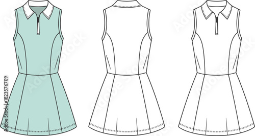 Sleeveless pleated dress sketch, zippered neckline, pointed collar, three-view layout, CAD drawing vector fashion template