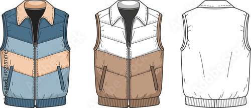 Sleeveless puffer vest sketch, zip front, color-block variations, side pockets, front and back views, CAD vector template