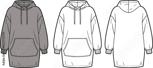 Hooded sweatshirt dress fashion illustration, kangaroo pocket, drawstring hood, multi-view layout, CAD drawing vector template