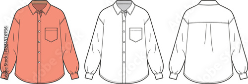 Long sleeve button-up shirt fashion illustration, chest pocket, curved hemline, multi-view layout, CAD drawing flat vector illustration
