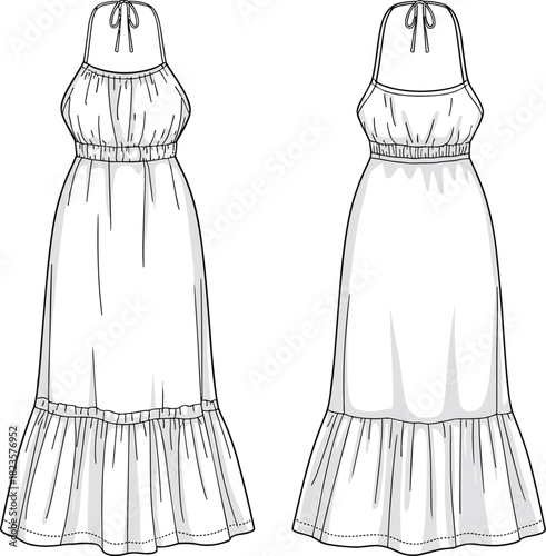 Halter-neck dress fashion illustration, gathered bodice, ruffled hem, tie neckline, front views with shading, CAD vector template
