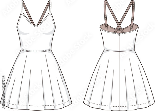 Sleeveless pleated dress sketch, deep V-neckline, crisscross straps back, front and back view, CAD drawing vector template