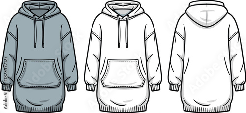 Hoodie dress sketch with kangaroo pocket, drawstring hood, ribbed cuffs and hem, three-view layout, CAD vector template