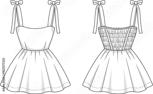 Sleeveless dress fashion illustration, shoulder tie straps, smocked back bodice, flared skirt, front and back views, CAD template