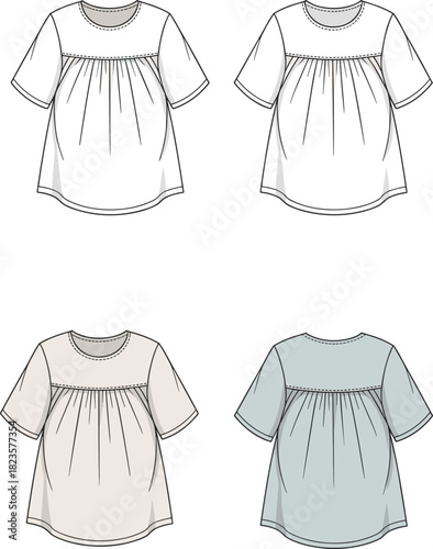 Gathered yoke blouse fashion illustration set, round neckline, short sleeves, front and back views, CAD vector template