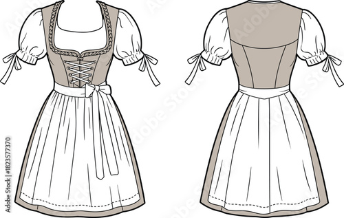 Traditional dirndl dress sketch, lace-up bodice, puff sleeves, apron detail, front and back view, CAD vector fashion template