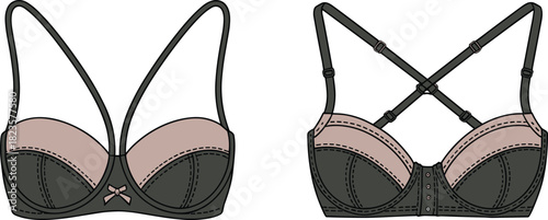 Bra front and back technical fashion sketch, lingerie design, adjustable straps, hook closure, flat vector, cad drawing illustration