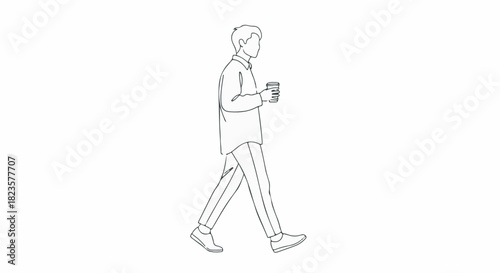 Simple black and white line drawing of a man walking with coffee cup on white background