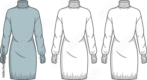 High-neck sweater dress sketch, ribbed cuffs and hem, loose fit, three-view layout, CAD drawing vector fashion template