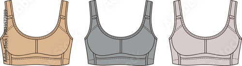 Sports bra fashion sketch, scoop neckline design, wide strap template, flat vector outline, cad drawing, athletic lingerie silhouette