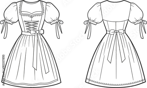 Traditional puff sleeve dress sketch, lace-up bodice, waist bow, pleated skirt, front and back view, CAD vector template