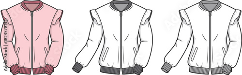 Jacket fashion sketch, front view, CAD drawing, flat vector illustration, ruffle shoulder, zipper, ribbed cuffs, apparel design