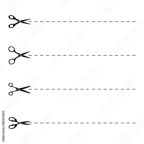 Set of scissors with cut lines. Black scissors cutting.  Paper cut icon with dotted line. Vector scissors with cut lines. Vector set of cutting scissors. eps 10 