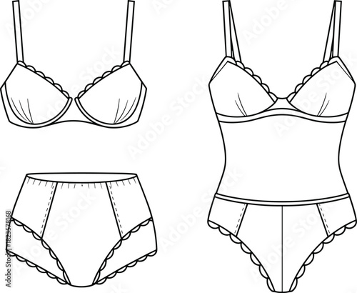 Lingerie fashion illustration set, underwire bra, high-waisted panties, bodysuit with scalloped trim, CAD vector template