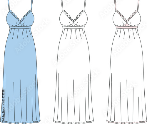 Empire waist nightgown fashion illustration, scalloped neckline, strap detail, front and back view, CAD drawing flat vector illustration