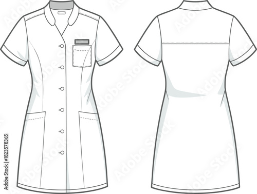 Uniform-style dress sketch with collar, button front, flap chest pocket, patch pockets, princess seams, CAD vector template