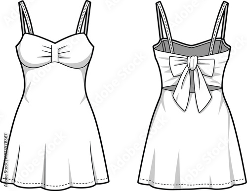 Sleeveless gathered bust dress sketch, bow back detail, flared skirt, front and back view, CAD vector fashion template