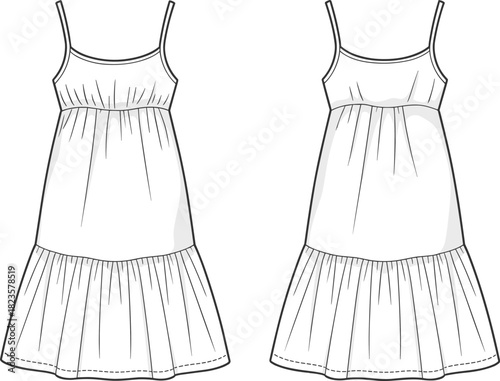 Sleeveless empire waist dress sketch, spaghetti straps, gathered bust, tiered skirt, front and back view, CAD vector template