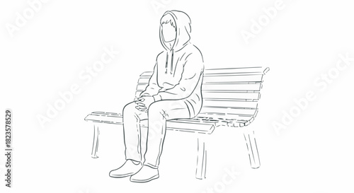Black and white line art sketch of person wearing hoodie sitting alone on bench isolated