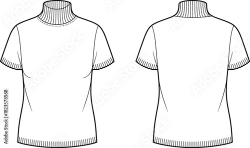 Short-sleeve turtleneck sweater sketch, ribbed collar and hem, fitted silhouette, front and back views, CAD vector template