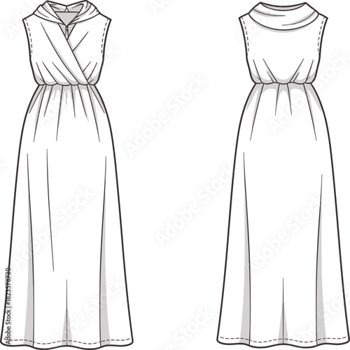 Sleeveless draped dress fashion illustration, gathered waist, crossover bodice, high back neckline, CAD vector template