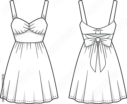 Sleeveless cut-out dress sketch, sweetheart neckline, bow detail back, front and back view, CAD drawing, vector apparel template