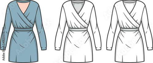 Long sleeve wrap dress fashion illustration, V-neckline, fitted waist, multi-style rendering, CAD drawing flat vector illustration