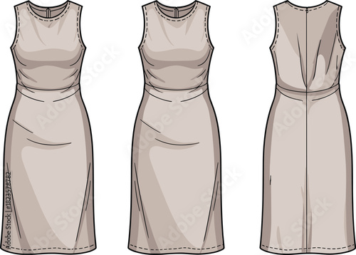 Sleeveless draped waist dress fashion illustration, knee-length hem, multi-angle views, CAD drawing vector template