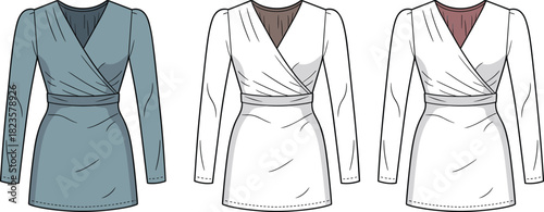 Wrap-style blouse fashion illustration, V-neckline, gathered sleeves, fitted waist, color variation set, CAD drawing flat vector template