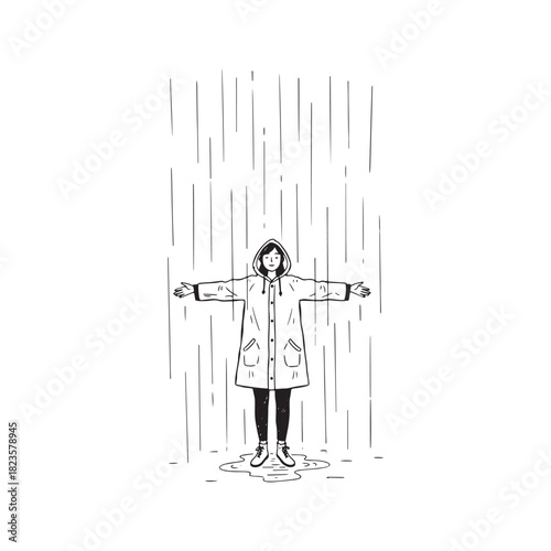Minimalist hand-drawn illustration of a lonely person in a raincoat standing in the rain with arms outstretched. Simple black ink sketch on textured paper, symbolizing solitude and freedom.
