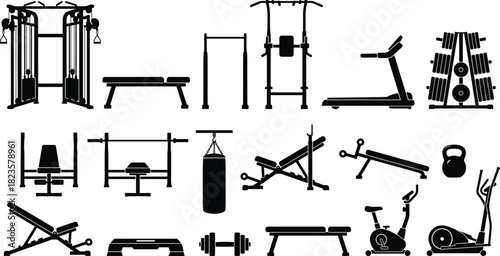 Gym equipment silhouettes, fitness icons, workout machines, exercise tools, strength training, cardio gear, home gym essentials, bodybuilding, fitness center setup