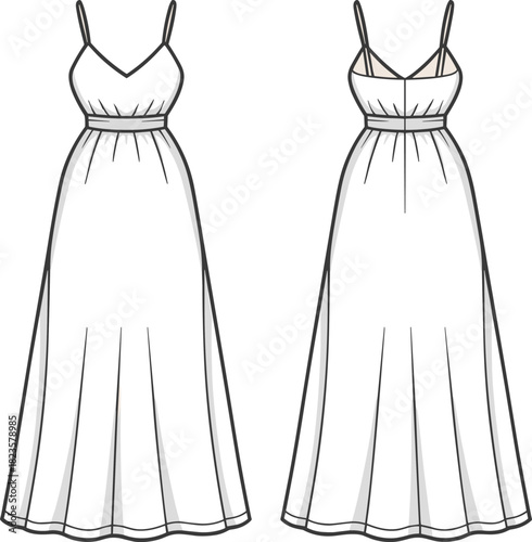 Sleeveless V-neck dress fashion illustration, gathered waist, A-line skirt, front and back views, CAD vector template