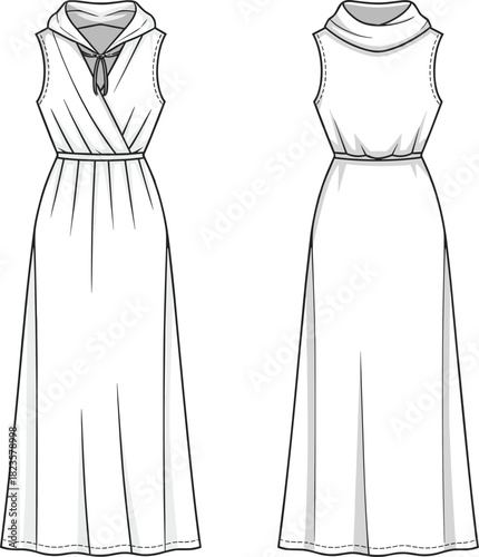 Sleeveless maxi dress fashion illustration, cowl neckline, wrap bodice, gathered waist, front and back views, CAD vector template