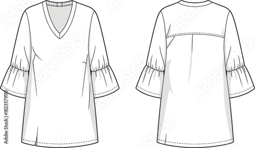 V-neck ruffle sleeve blouse sketch, short sleeve design, front and back view, fashion flat, CAD drawing vector template