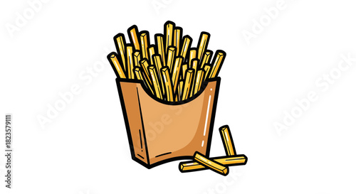 A vibrant, hand-drawn illustration captures a classic serving of golden french fries overflowing from a brown paper carton, perfect for a quick and delicious snack.