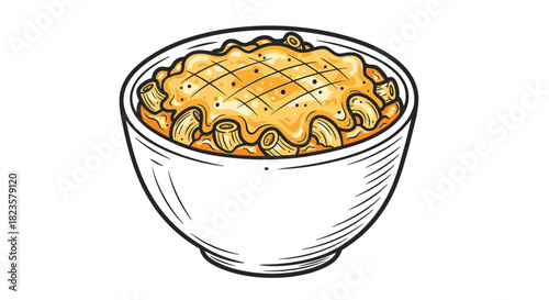 A delightful hand-drawn illustration of a warm bowl filled with classic macaroni and cheese, generously topped with melted golden cheddar, evoking comforting homemade food.