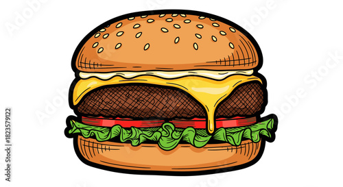 A delicious, classic cheeseburger illustration with a sesame bun, melted cheese, juicy patty, fresh lettuce, and tomato, rendered in a vibrant hand-drawn style.