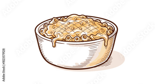 A delicious, hand-drawn illustration captures a comforting bowl of warm macaroni and cheese, brimming with creamy sauce and golden pasta, perfect for a cozy meal.
