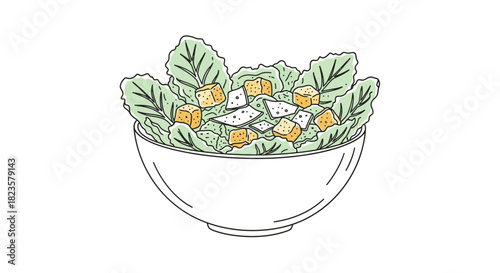 A clean, minimalist hand-drawn illustration presents a fresh and healthy Caesar salad, brimming with crisp green lettuce, golden croutons, and savory cheese.