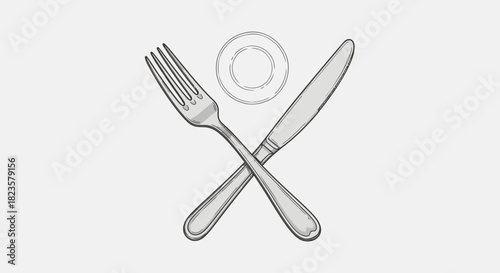 A sleek, minimalist vector graphic depicts a silver dining fork crossed over a sharp table knife, representing mealtime, restaurant service, and culinary themes.