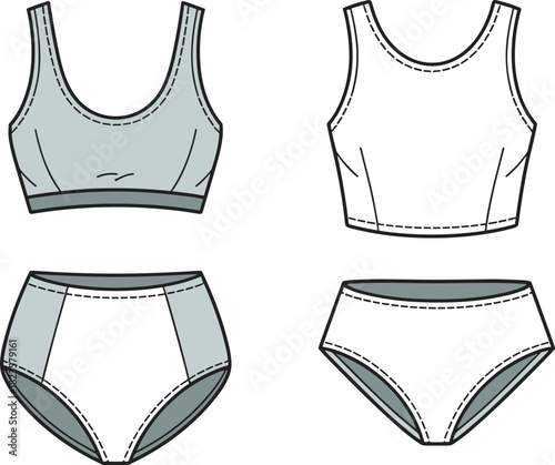 Women’s sports bra and high-waisted brief fashion illustration set, activewear and lingerie styles, CAD vector template