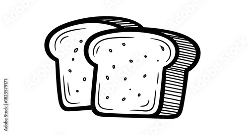 A simple, hand-drawn black and white illustration depicts two fresh slices of delicious bread, perfect for breakfast or a sandwich.