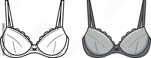 Underwire lace bra fashion illustration set, line drawing and colored versions, scalloped trim, CAD vector template