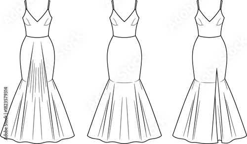 Fashion gown sketch, sleeveless dress design, pleated and slit variations, elegant silhouette, cad drawing flat vector illustration, black and white