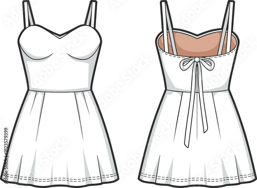 Sleeveless sweetheart dress sketch, bow back detail, flared pleated skirt, front and back view, CAD vector fashion template