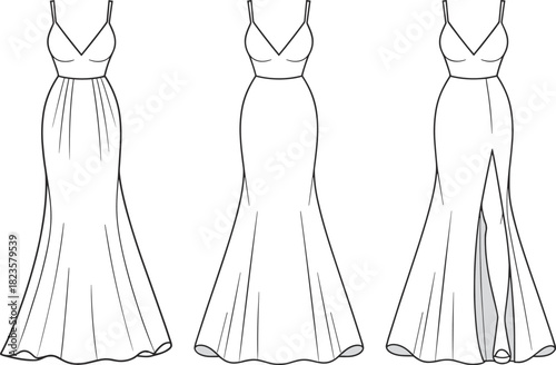 Elegant evening gown fashion illustration, deep V-neckline, high slit, thin straps, stylish dress design, cad drawing flat vector illustration