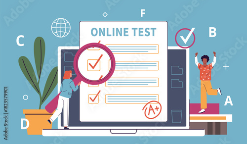 Successful test completion. Modern education, students take online exam, choosing right option, happy people rejoice, huge computer and tiny people cartoon nowaday vector concept