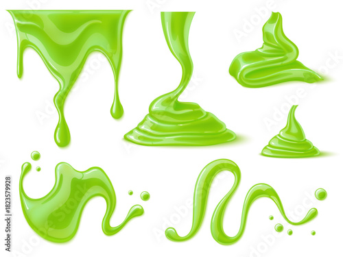 Realistic green slime. Splashes and smudges, toxic liquid, slimy bright dripping mucus stains, drip and splatter blobs. Messy shapes spooky transparent jelly. Decorative design vector set
