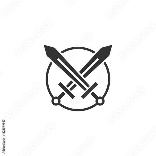 A flat vector icon of two crossed swords enclosed in a circular emblem, symbolizing battle, competition, and strategic conflict