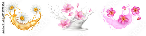 Realistic flower splashes. Different 3d liquid in motion, cream, milk and lotion with chamomile and sakura blossoms. Honey and shampoo swirl shape streams. Vector isolated realistic set